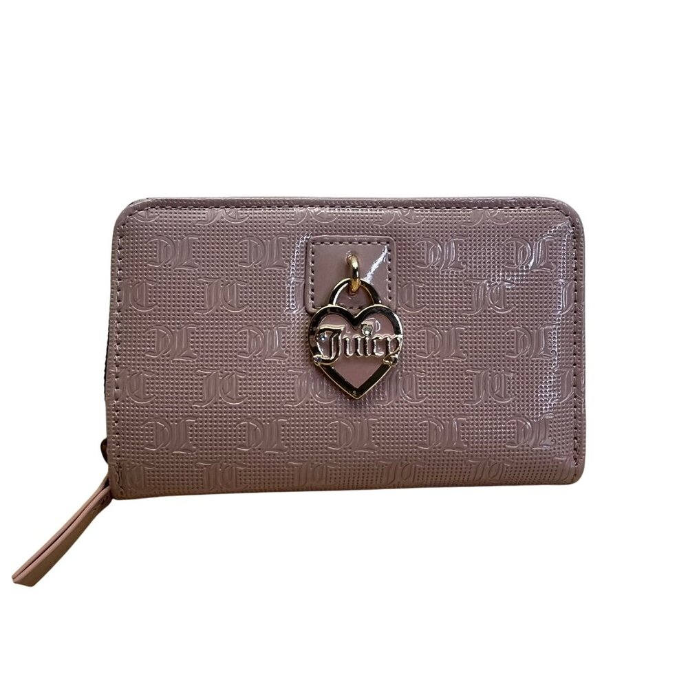 Juicy Couture Embossed Zip-Around With Heart Charm & Snap Closure Wallet Sz M